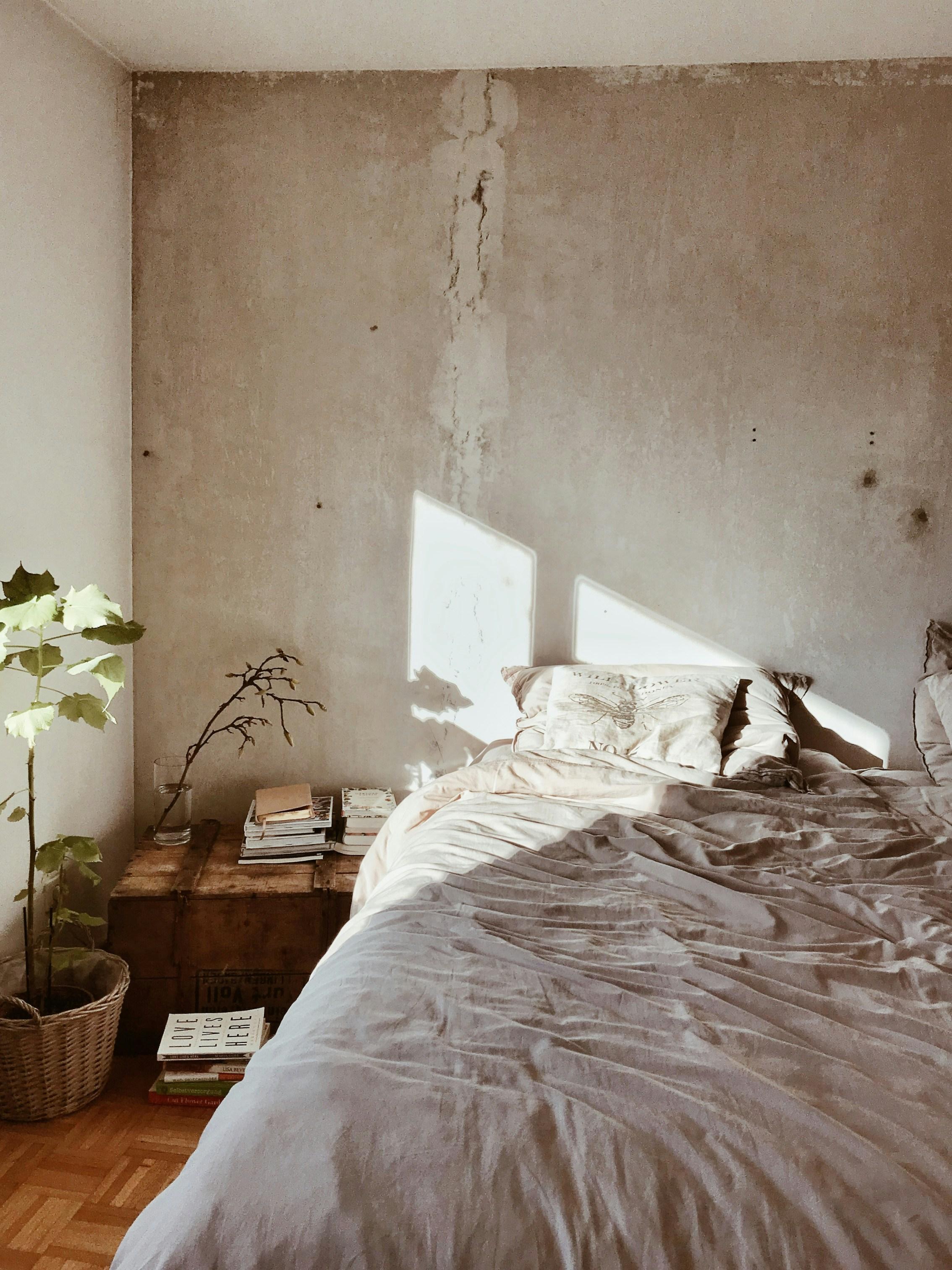 Soft beige NYC bedroom with linen bedding, a small olive plant on a wooden nightstand, and herringbone wood floors